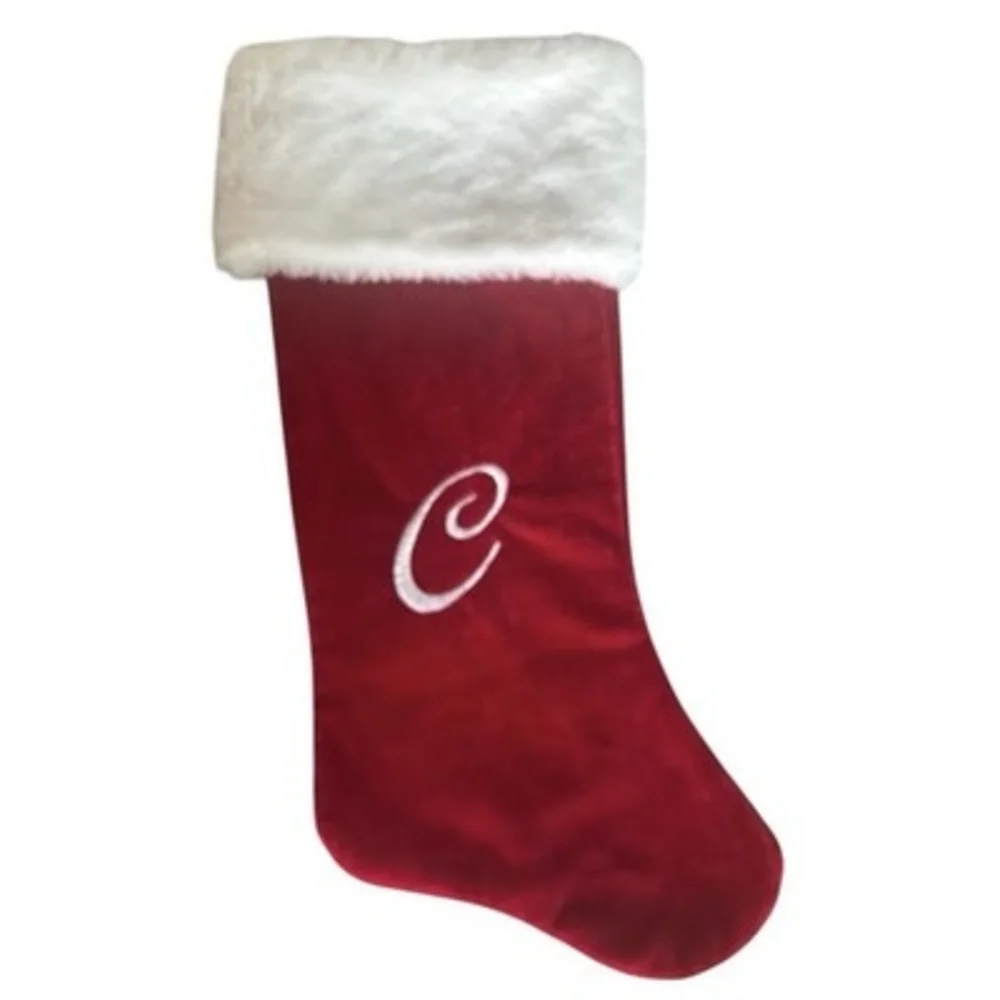 Monogram Letter C Red Velvet Christmas Stocking White Faux Fur Cuff 18.5